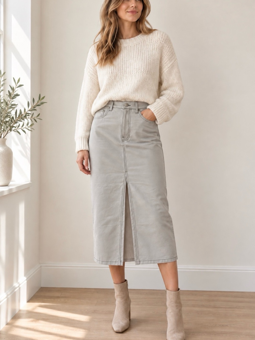 COS Silk Light Gray Midi Skirt with Front Slit